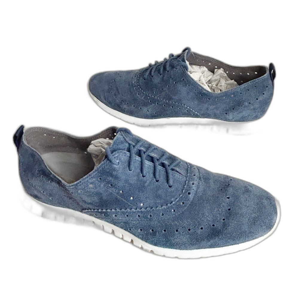 Cole Haan ZEROGRAND OS Sneakers 8.5 Blue Suede Shoes Leather Wing Tip